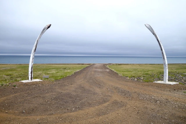 Dirt road leading to the ocean, framed by two large whale bones standing upright on either side.